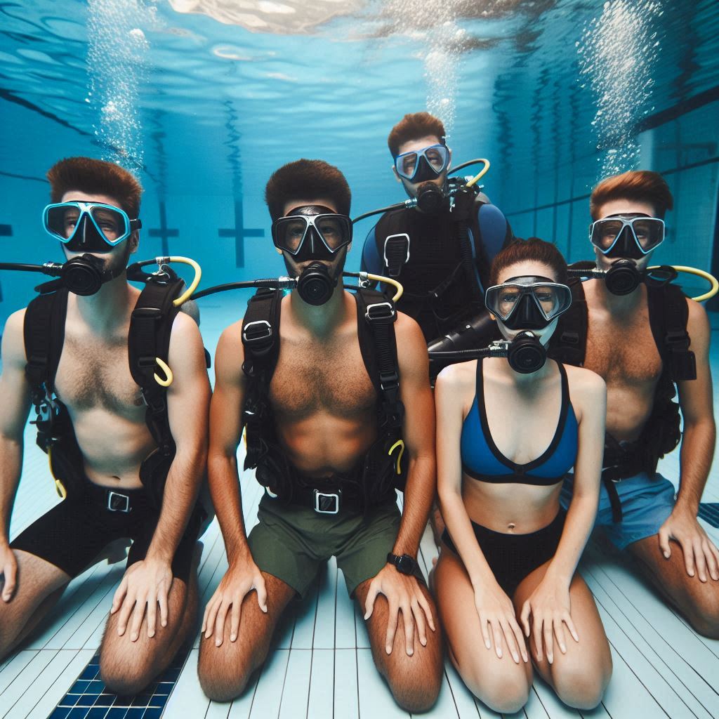 AI generated image of diving students kneeling on the bottom of a swimming pool
